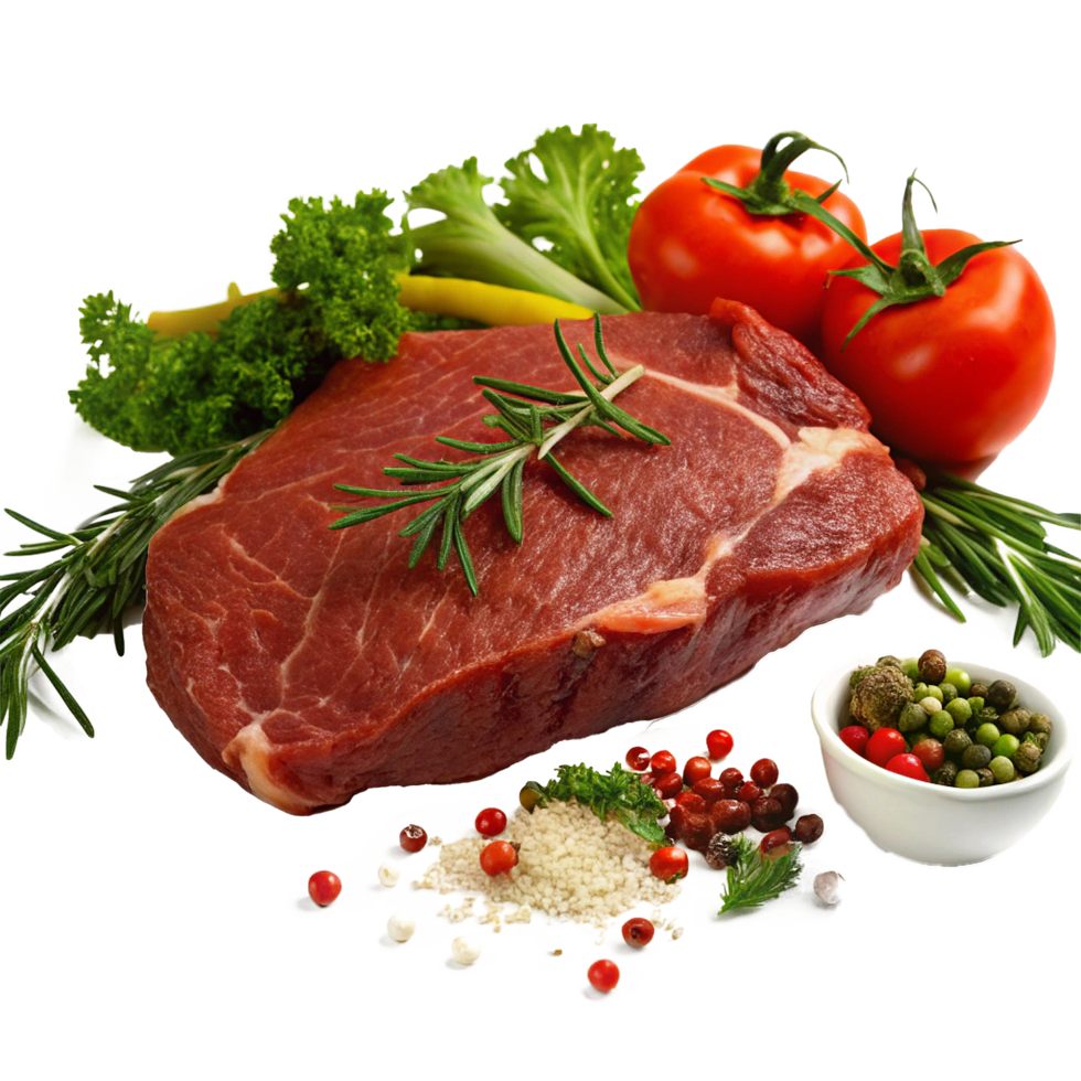 A Delicious Raw Beef Steak with Fresh Herbs and Vegetables Ready for Cooking png