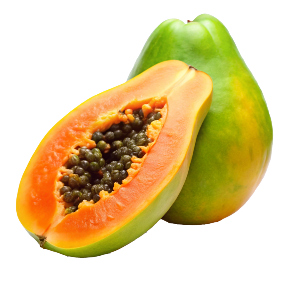Ripe Papaya Fruit Sliced Open Showing Seeds and Vibrant Orange Flesh Against White Background png