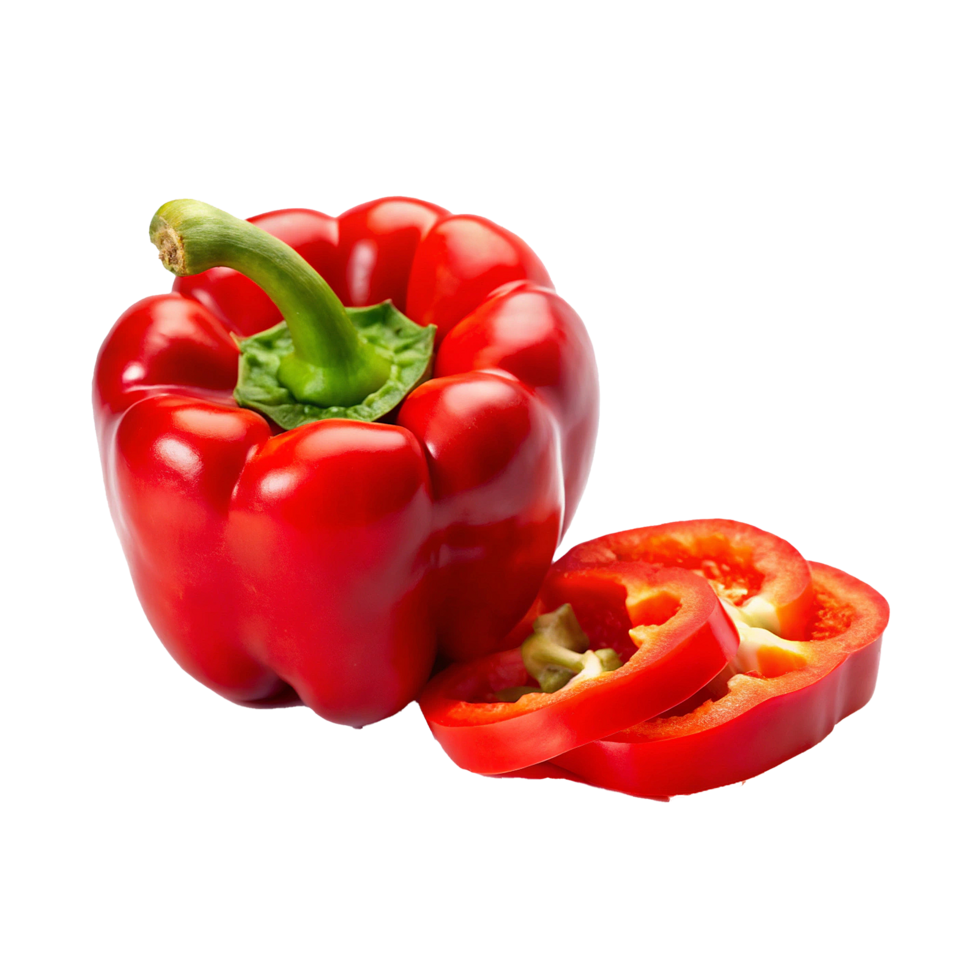 A vibrant red bell pepper with slices showcasing its juicy interior and bright color png