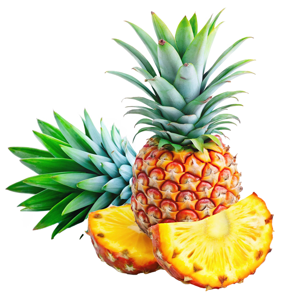 A vibrant whole pineapple with two juicy slices displayed against a soft background png