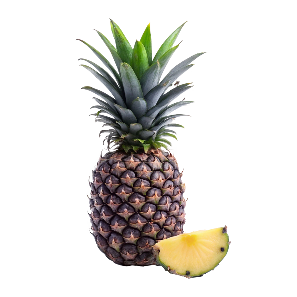 A single ripe pineapple with a slice showcasing its vibrant yellow flesh and tropical appeal png
