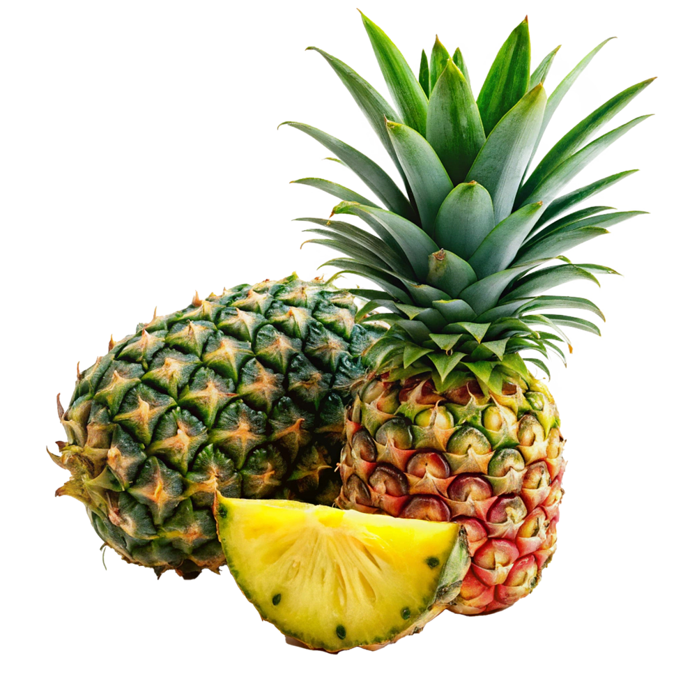 Two ripe pineapples and a slice of pineapple on a white background, vibrant colors and textures png