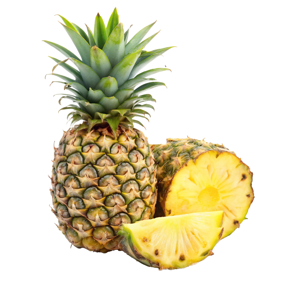 A whole pineapple with a sliced section and a pineapple wedge, fresh and juicy tropical fruit png