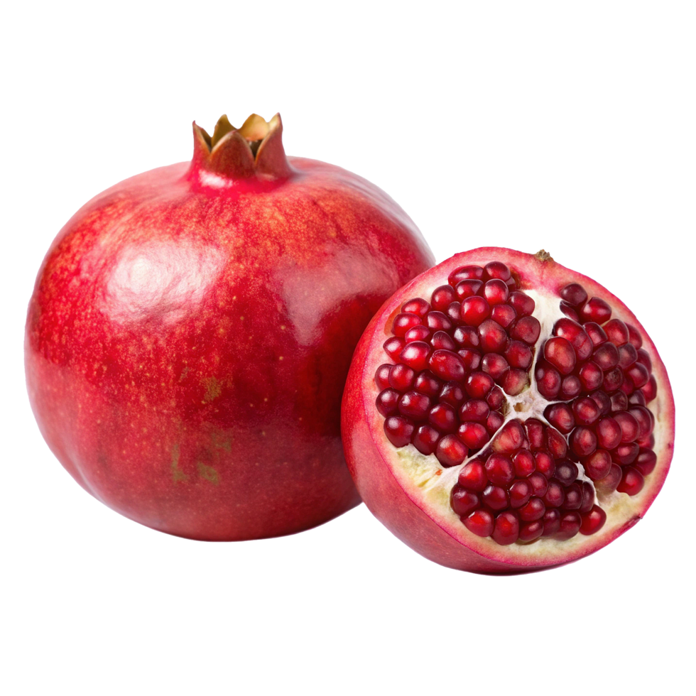 A whole pomegranate and a half of a pomegranate showcasing its vibrant red arils and juicy texture png