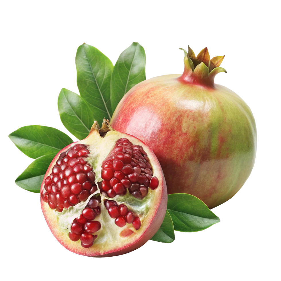 A juicy pomegranate fruit with red seeds and vibrant green leaves png