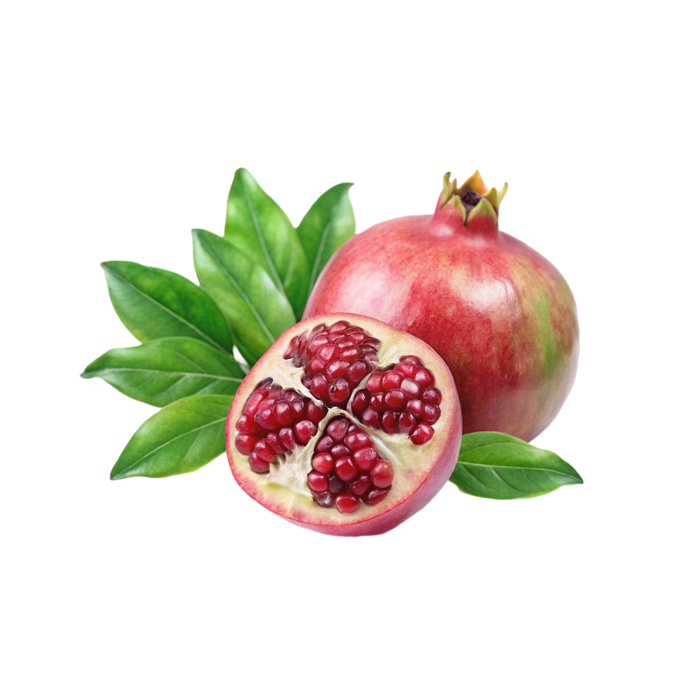 Juicy Red Pomegranate with Seeds and Green Leaves a Delightful Fruit png