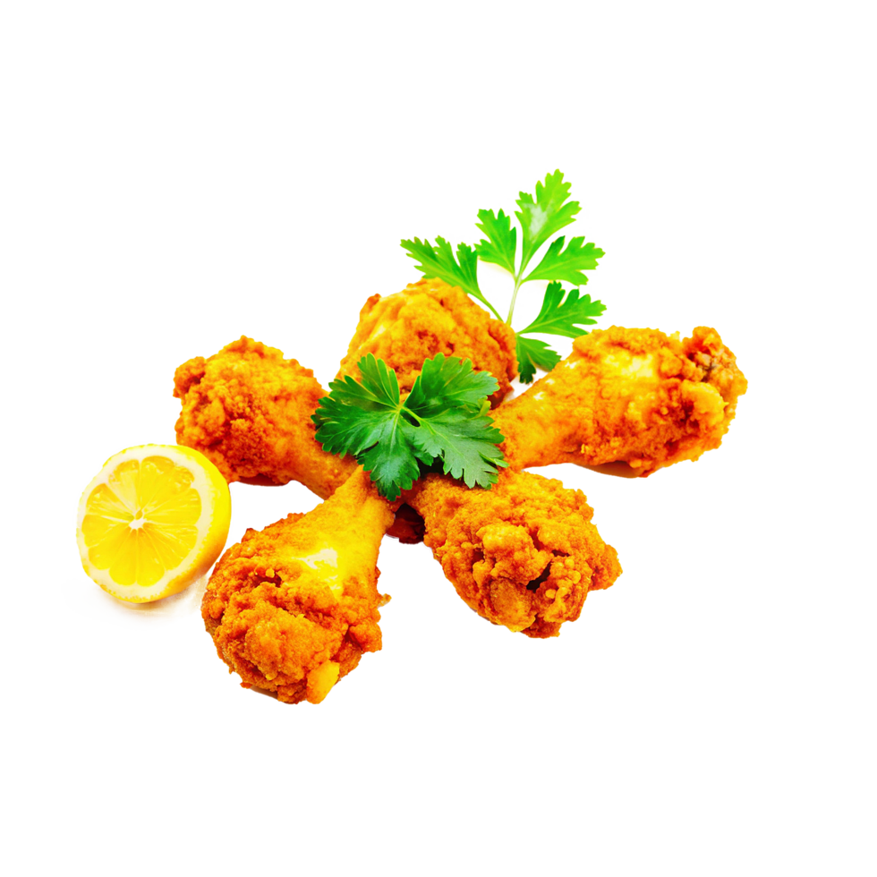 Crispy Fried Chicken Drumsticks with Lemon and Parsley Garnish A Delicious and Savory Meal png