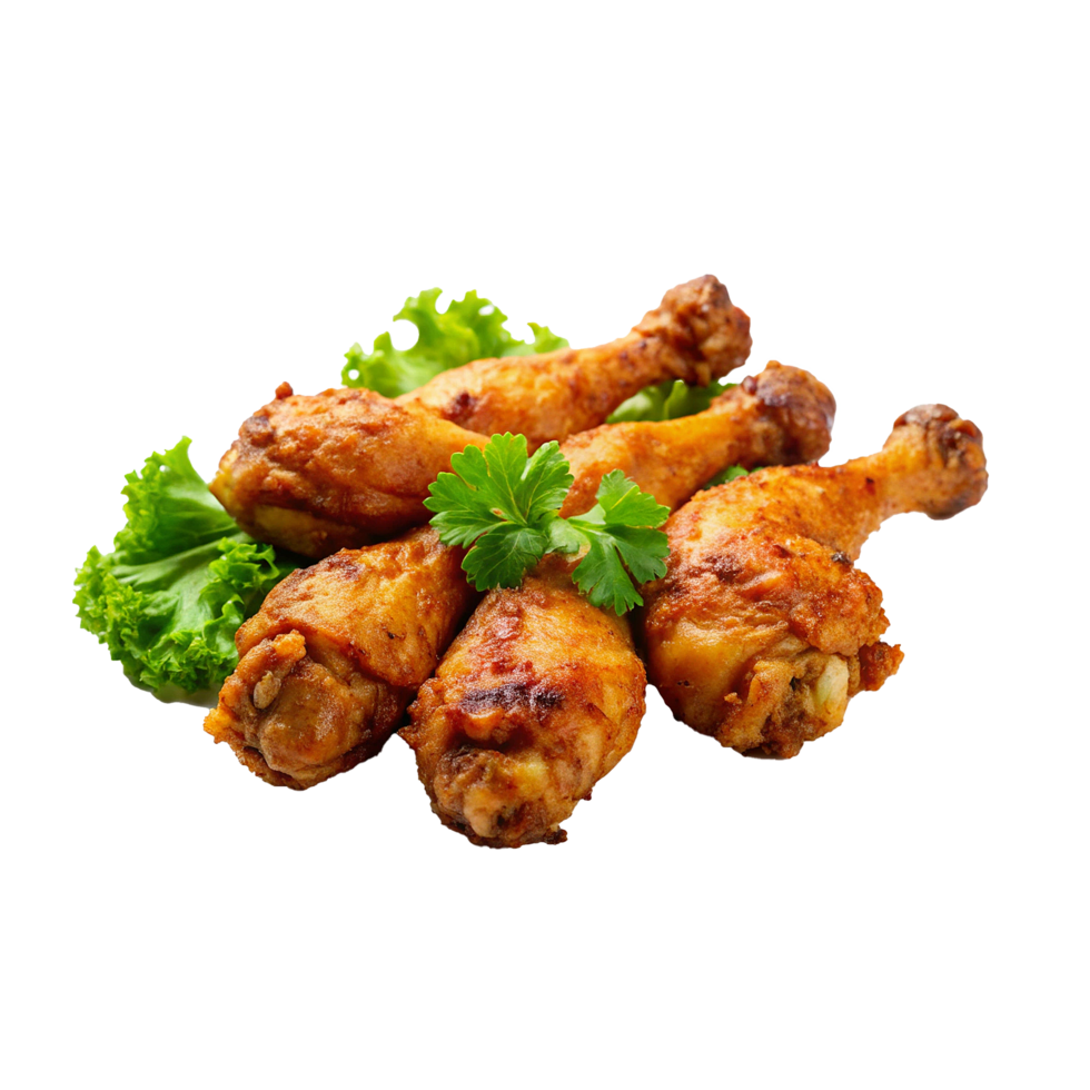 Delicious Crispy Roasted Chicken Drumsticks with Fresh Parsley and Lettuce png