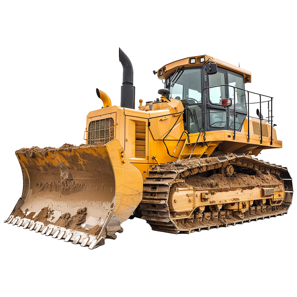 Powerful Yellow Bulldozer on Construction Site with Dirt on Blade and Tracks png