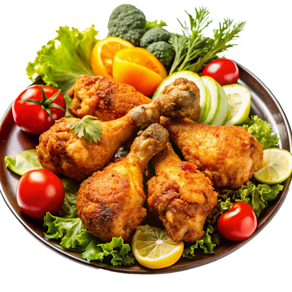 Delicious Crispy Fried Chicken Drumsticks with Fresh Vegetables and Citrus Fruits png