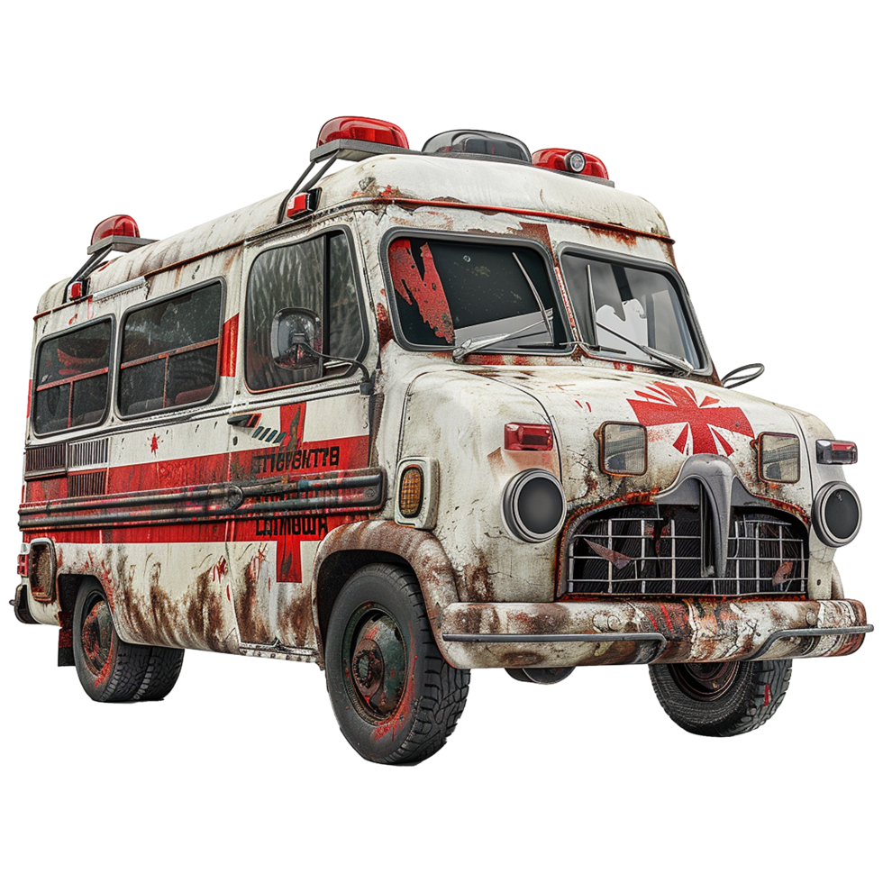 Rusty Vintage Ambulance Van 3D Render Post Apocalyptic Style png
