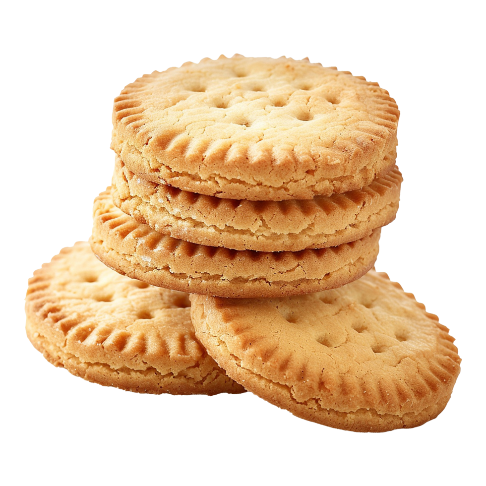 A delicious stack of golden brown, crispy, round crackers or biscuits with a subtly sweet taste and slightly textured surface png