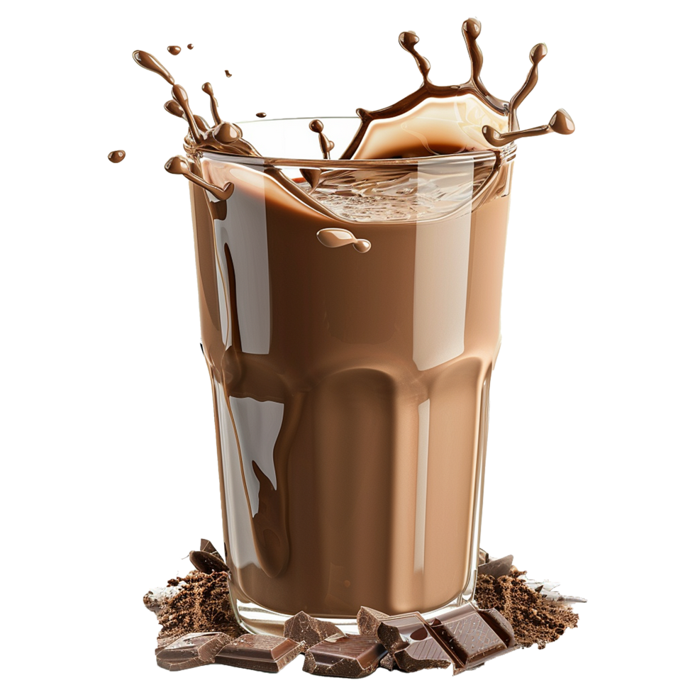 Delicious Chocolate Milk Drink in Glass with Splash and Chocolate Pieces png