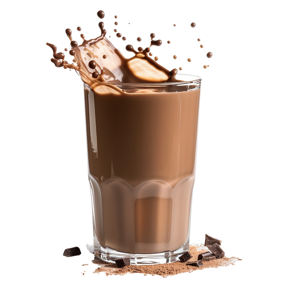 Delicious Chocolate Milk Splashing in a Glass with Chocolate Shavings png