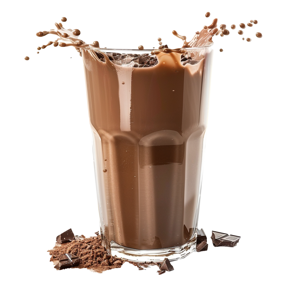 Chocolate Milk Drink Splashing in a Glass with Chocolate Pieces png