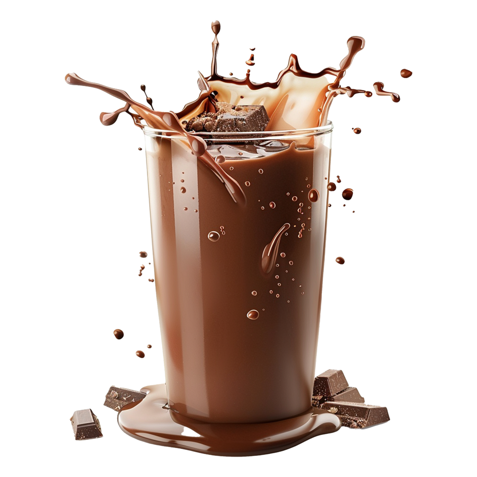 Delicious Chocolate Milk Drink Splashing in Glass with Chocolate Pieces png