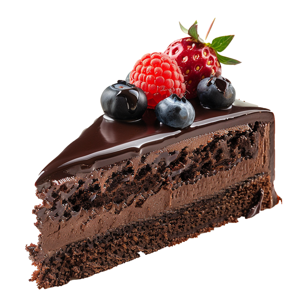 Delicious Chocolate Cake Slice Topped with Fresh Berries png