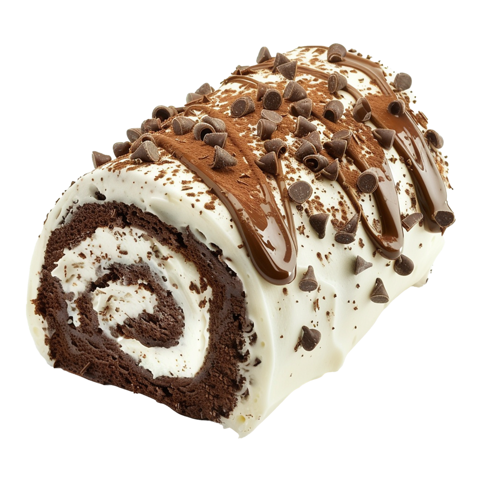 Delicious Chocolate Swirl Cake Roll with Chocolate Ganache and Chocolate Chips png
