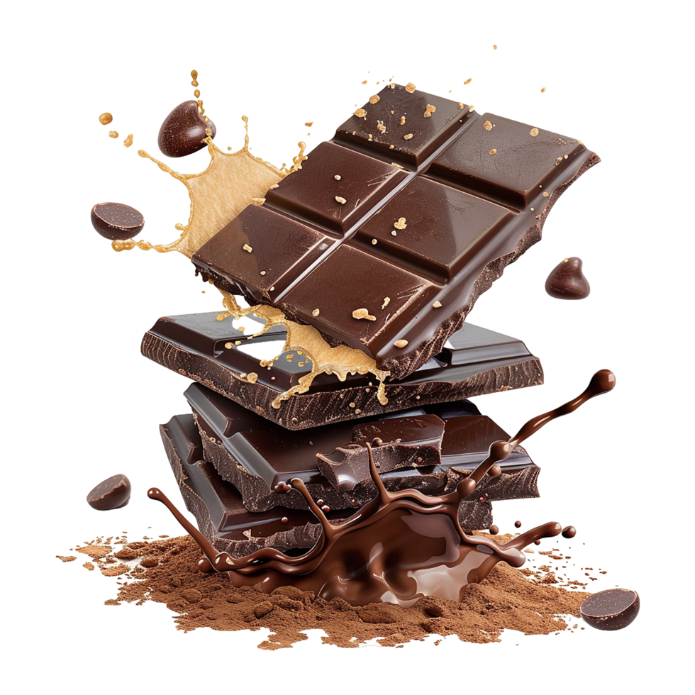 Delicious Dark Chocolate Bar with Cocoa Powder and Melted Chocolate Splashes png