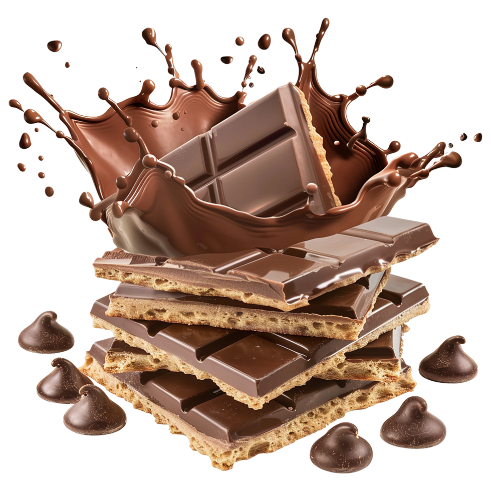 Delicious Chocolate Bar with Graham Cracker Layers and Melted Chocolate Splash png