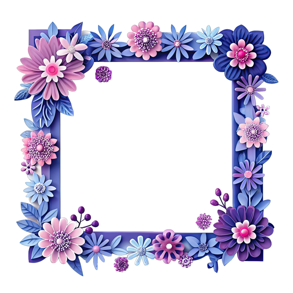 Purple and pink paper flowers border in the shape of a square frame. png