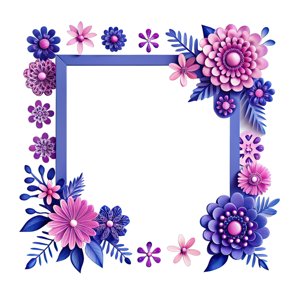 A square frame with a purple border and white background, adorned with pink and purple paper flowers. png