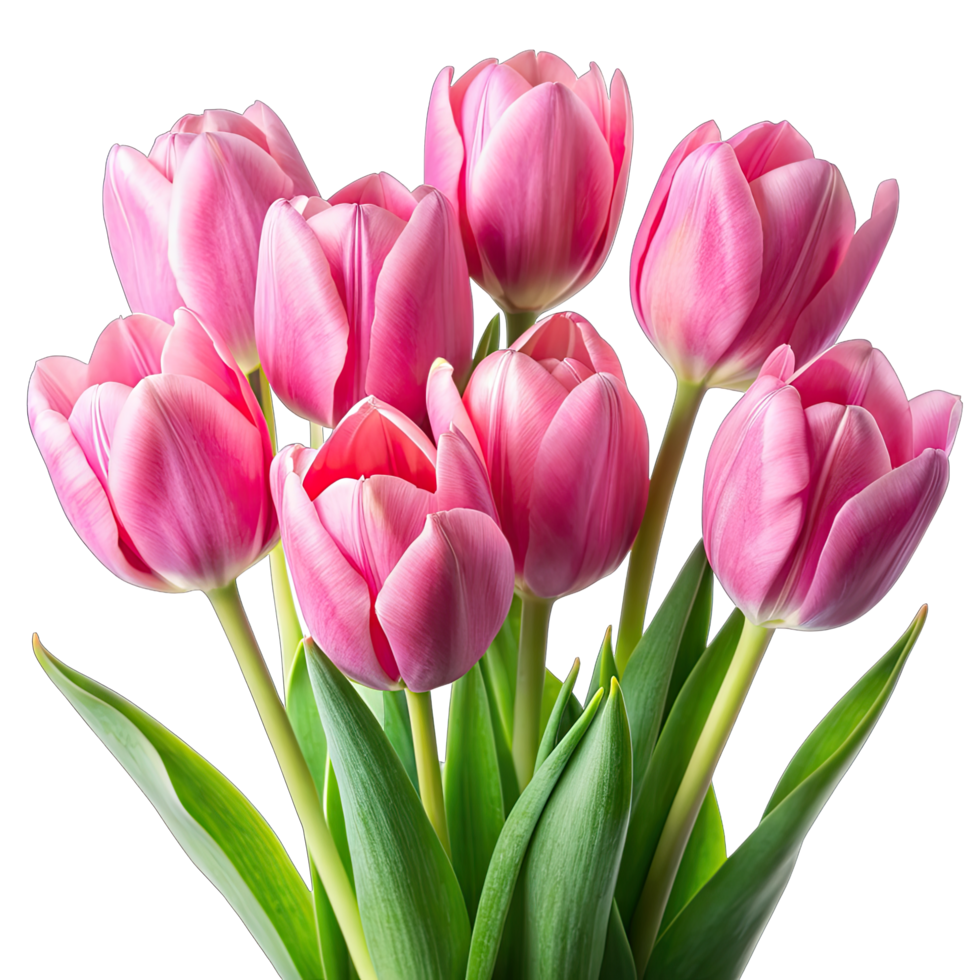 A close-up shot of a bunch of pink tulip flowers on a white background. The tulips are arranged in a bouquet with their stems visible. png