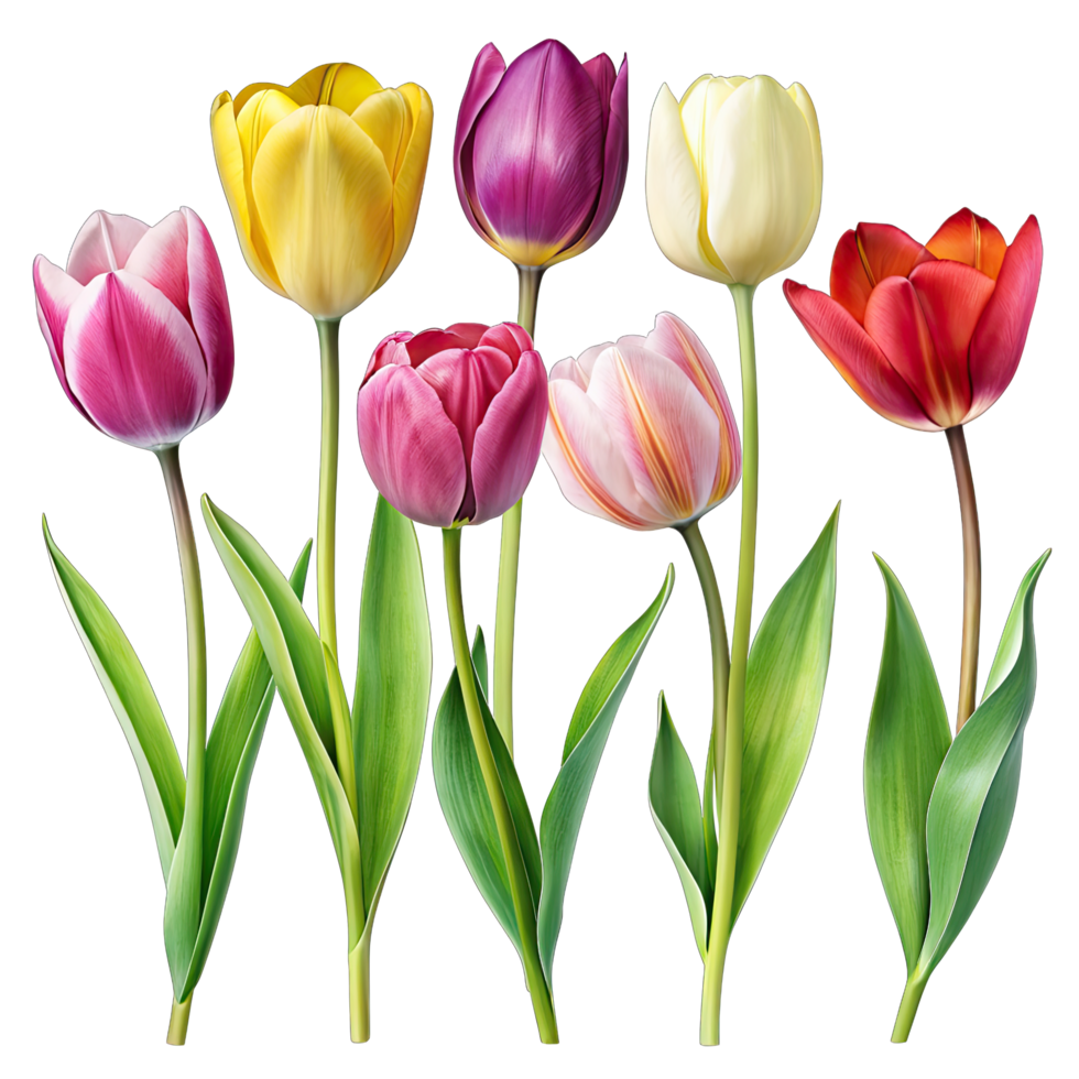 A digital illustration of seven tulips with different colors and poses, isolated on a white background. png