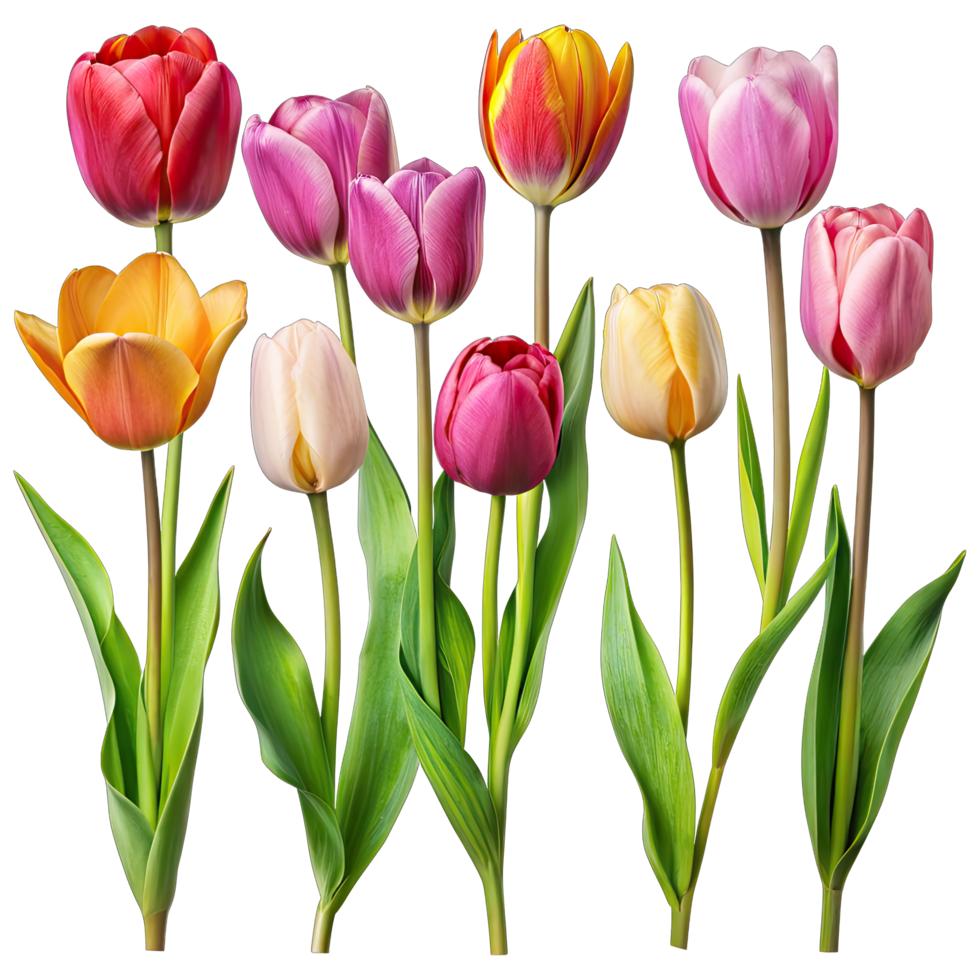 A close-up image of a set of colorful tulip flowers isolated on a white background. The tulips are in various poses and shades of pink, red, yellow, and orange. png