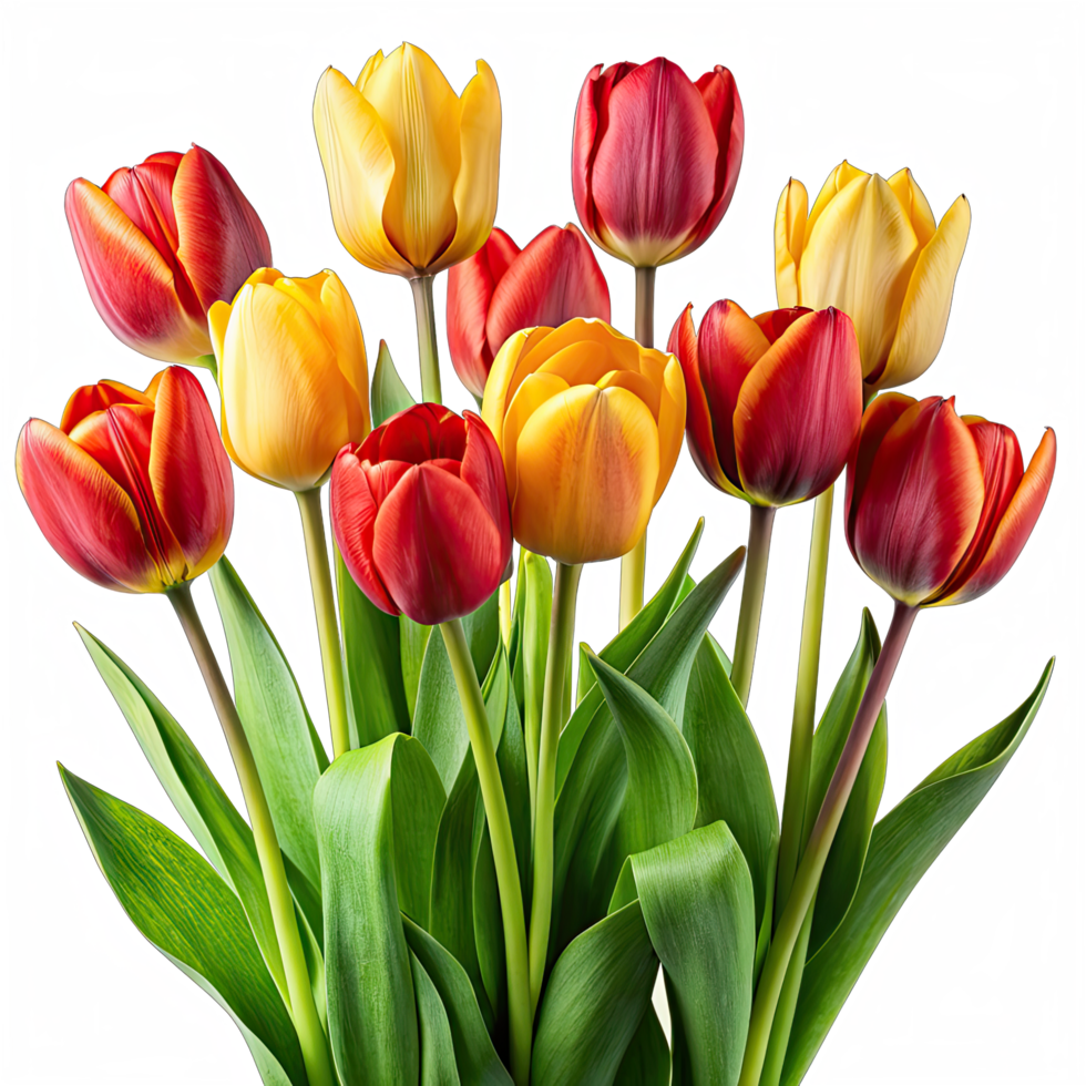 A close-up image of a bunch of red and yellow tulips arranged together, highlighting their vibrant colors and delicate petals. png
