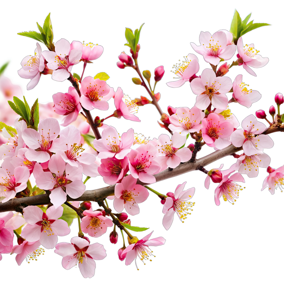 A close-up image of a cherry blossom branch isolated on a white background. The branch is adorned with delicate pink flowers and green leaves. png