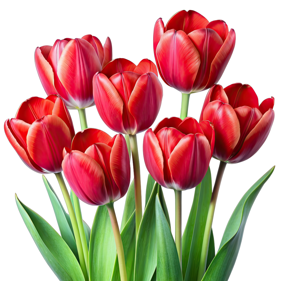 A close-up image of a bouquet of red tulips with green stems and leaves, isolated on a white background. png
