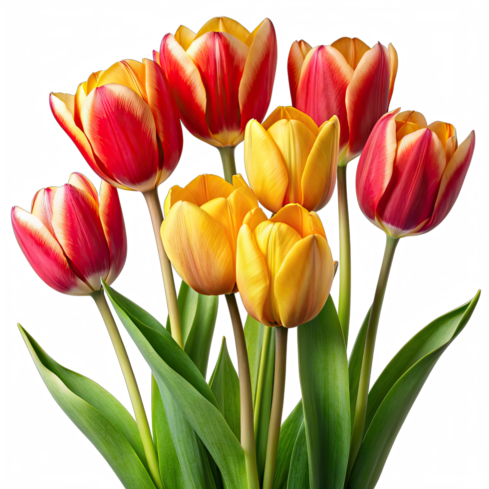 A close-up of a bouquet of red and yellow tulips with green leaves. The flowers are isolated on a white background. png