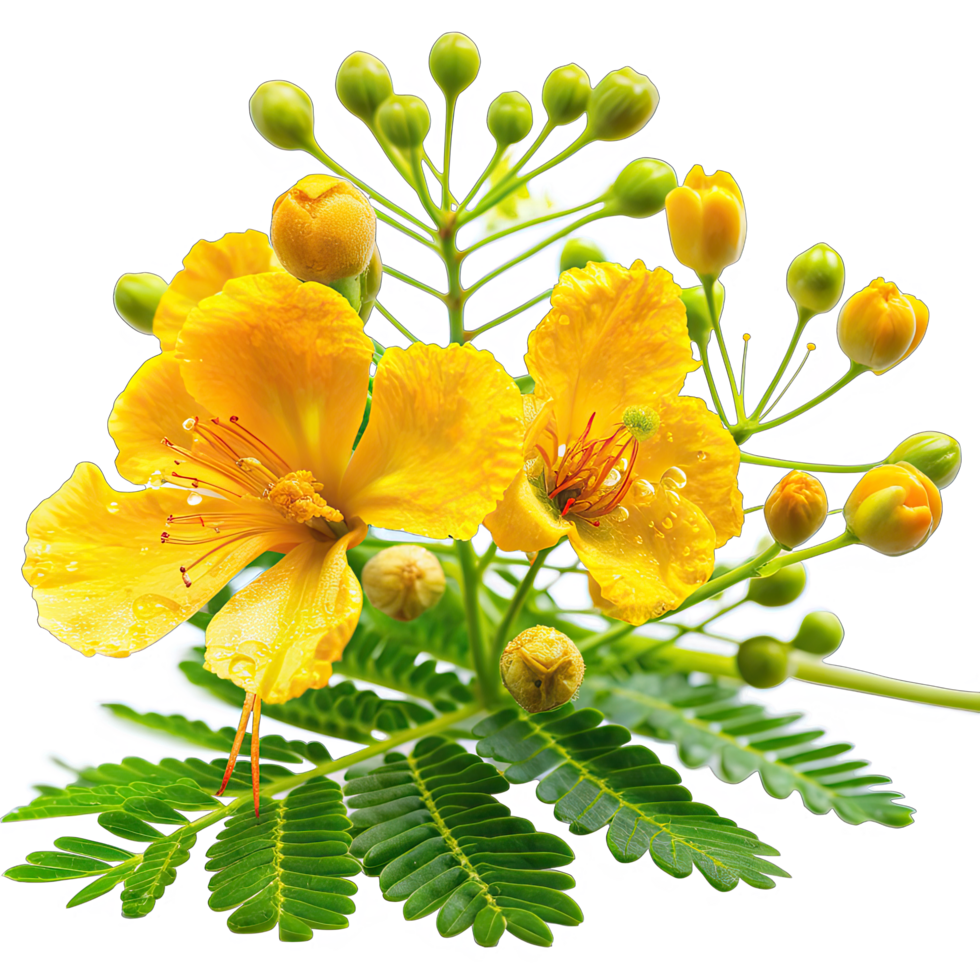 A close-up photograph of flamboyant flowers, showcasing their bright yellow petals, delicate stamens, and lush green leaves. png
