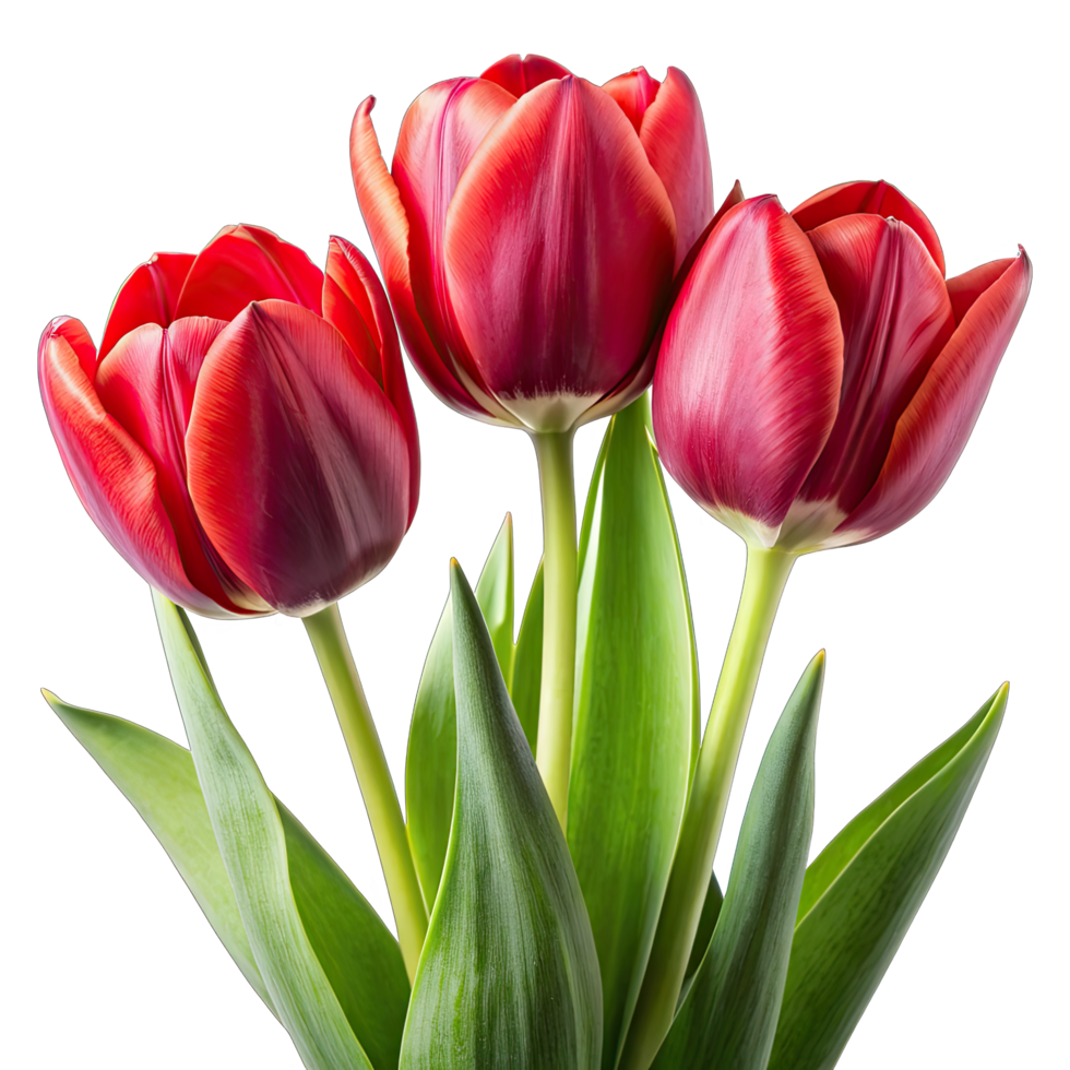 A close-up photograph of three red tulips with green leaves, isolated on a white background. png