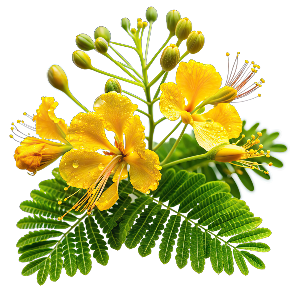 A close-up view of bright yellow flowers and buds of a Royal Poinciana tree, featuring delicate petals and green foliage. png