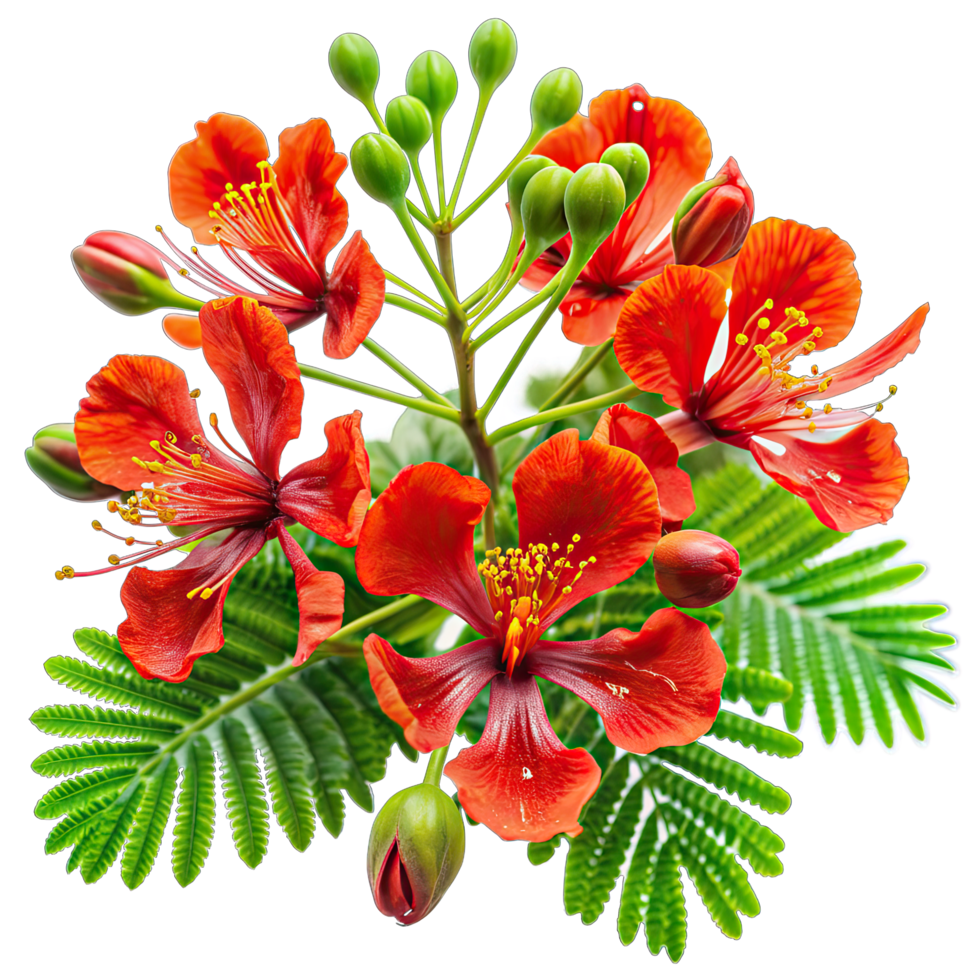 A close-up view of vibrant red flamboyant flowers and buds, showcasing their intricate details. Lush green leaves provide a contrasting backdrop. png