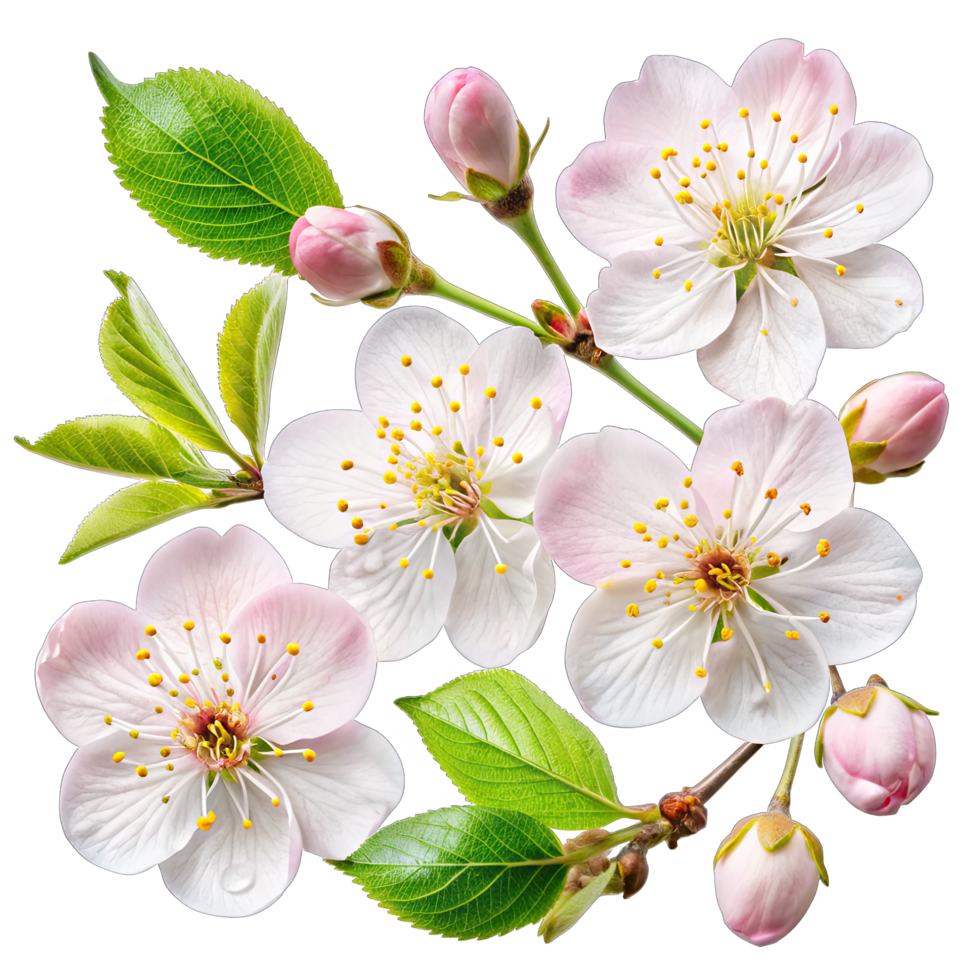 A close-up view of a cherry blossom branch with five open flowers and four buds, showcasing their delicate pink petals and bright yellow centers. png