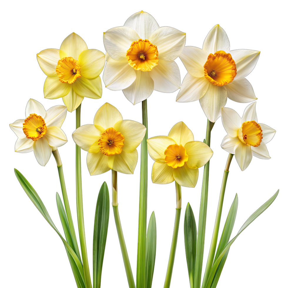 A close-up image of a bunch of daffodil flowers with yellow centers and white petals, arranged in different positions against a white background. png