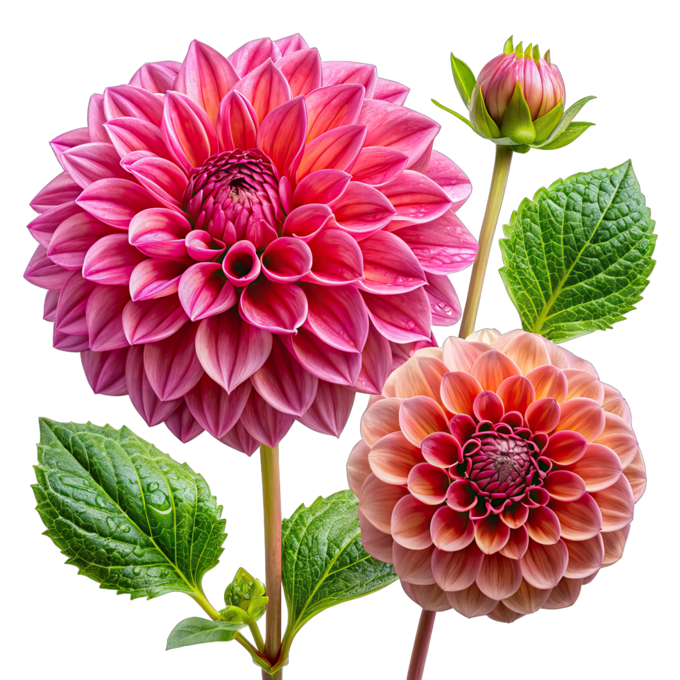 A close-up image of two pink dahlias with a bud and green leaves against a white background. png