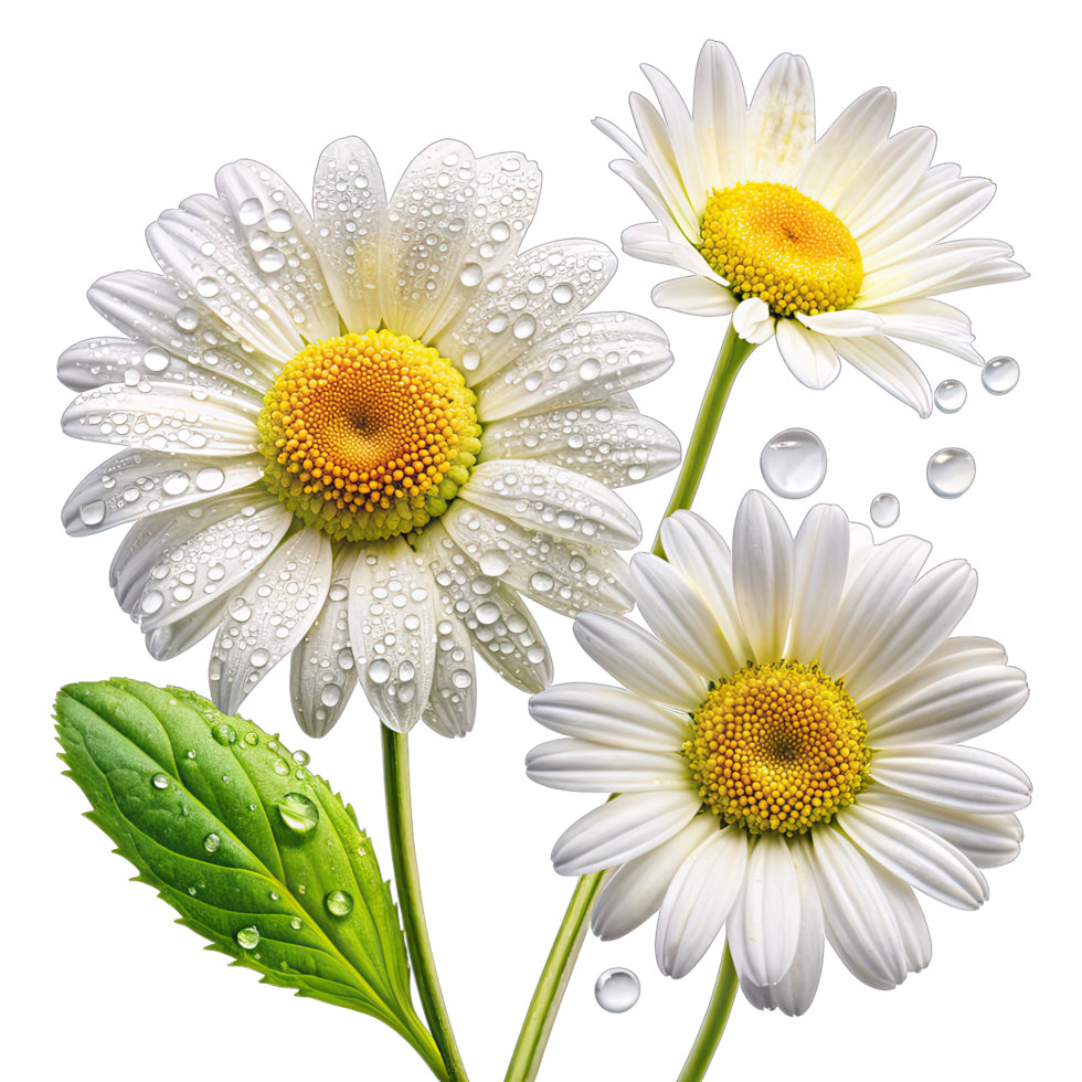 A close-up of three daisies with dew drops on their petals, against a white background. png