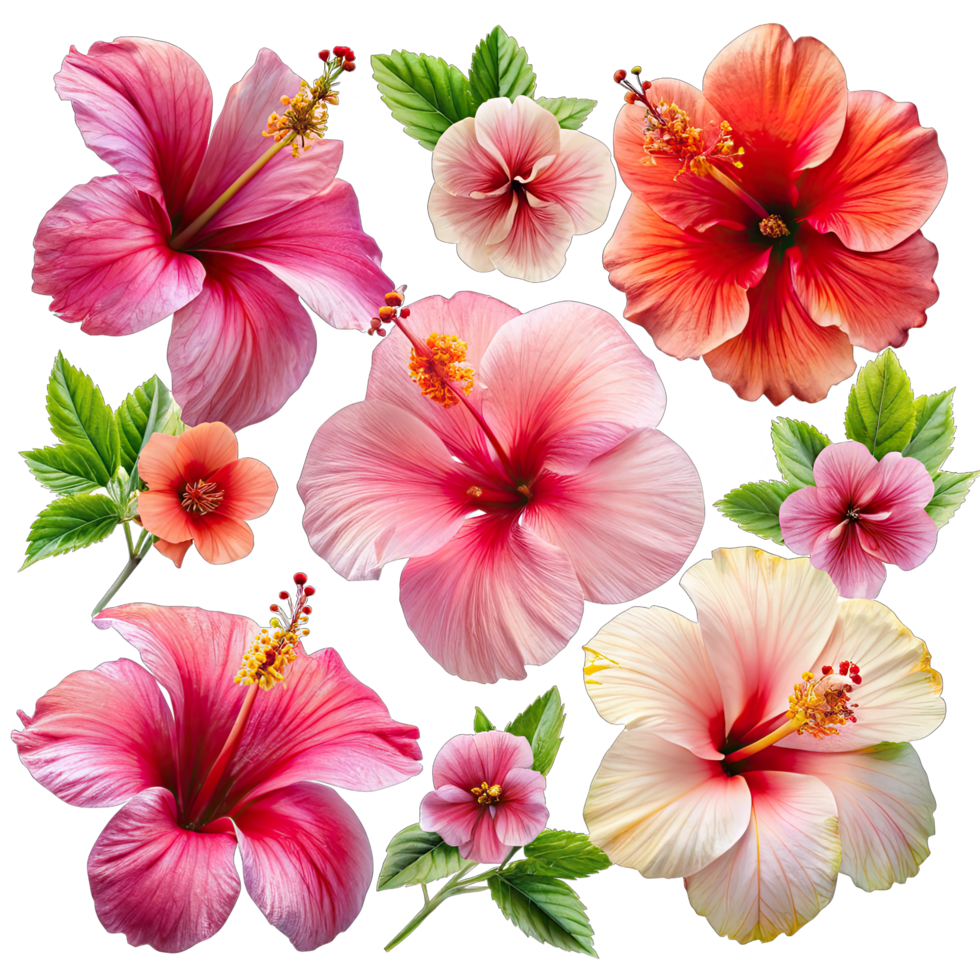 A collection of hibiscus flowers in different colors and poses, isolated against a white background. png