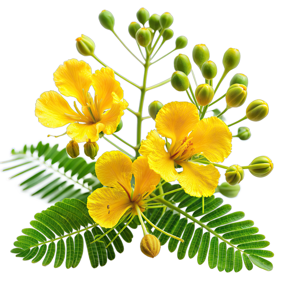 A close-up photograph showcasing the vibrant yellow flowers and buds of a Flamboyant tree against a stark white background. png