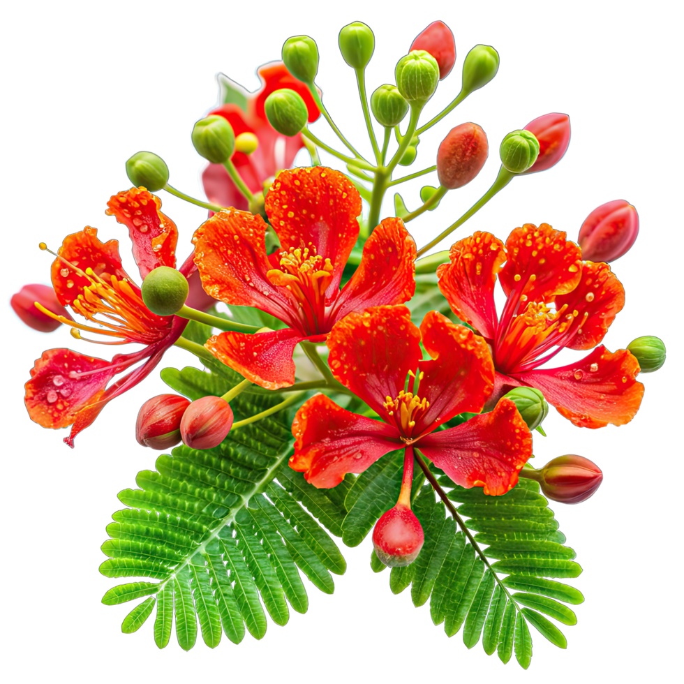 A close-up photograph showcasing a cluster of vibrant red flamboyant flowers and buds with green leaves against a white background. png