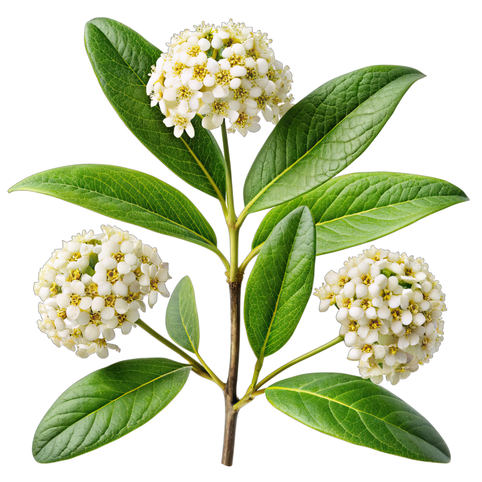 A close-up image of a Mimusops Elengi branch with white flowers and green leaves isolated against a white background. png