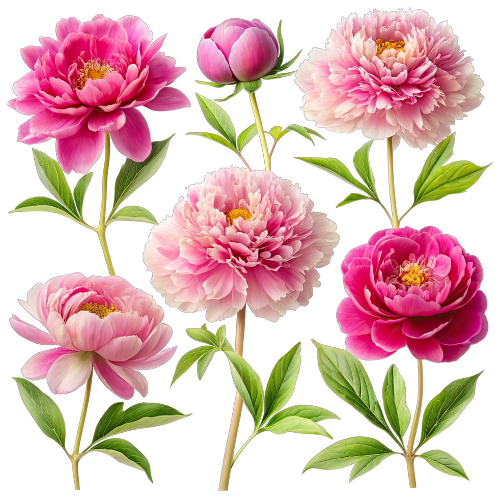 A set of six pink peony flowers, each in a different pose, isolated on a white background. png