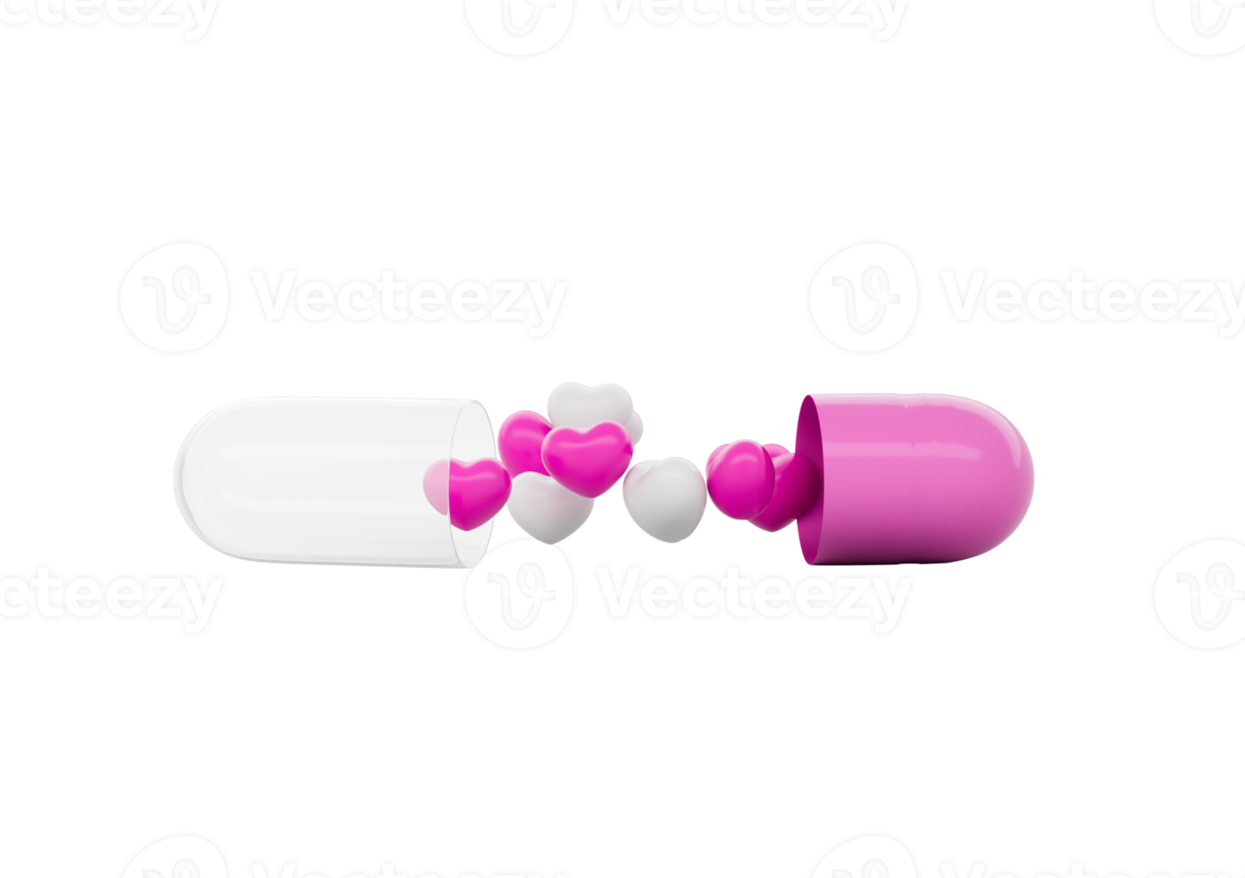 Open Pink And Glossy Capsule With Minimal Heart Shaped Pills Spilling Out. 3D Illustration png