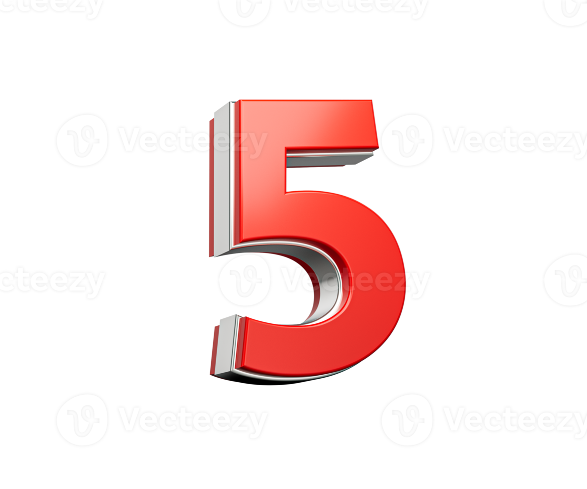 Bold Vibrant Red Number Five Number 5 With Sleek Metallic Gleam. 3D Illustration png