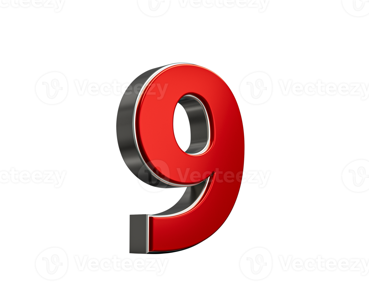 Vibrant Red Number Nine Number 9 With Sleek Metallic Gleam 3D Illustration png