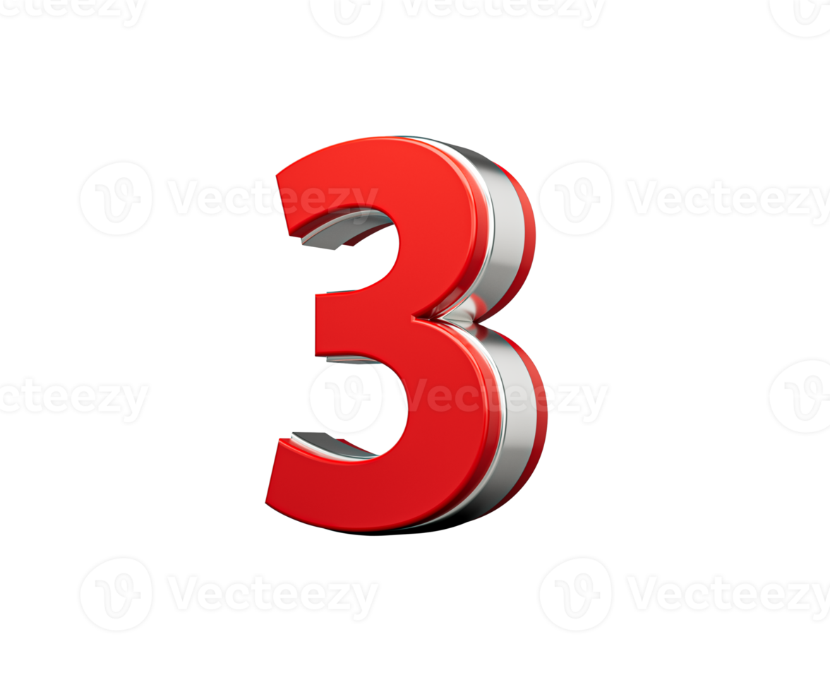 Vibrant Red Number Three Number 3 With Sleek Metallic Gleam. 3D Illustration png